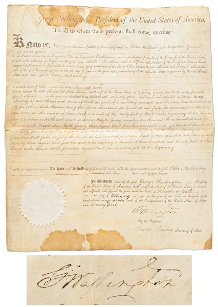 George Washington Document Signed as President -- Washington Grants Land to Brigadier General Peter Devil Pete Muhlenberg