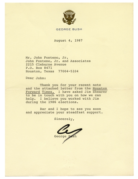 George H.W. Bush Letter Signed as Vice President