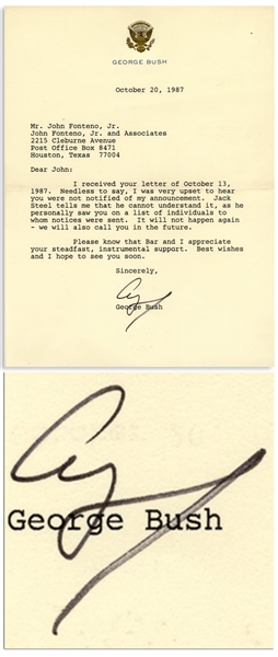 George H.W. Bush Letter Signed as Vice President -- I was very upset to hear you were not notified -- Bush Refers to His Announcement to Run for President