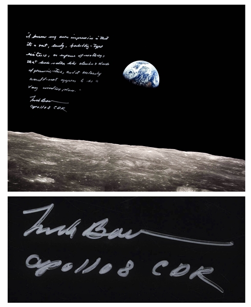 Frank Borman Signed 20 x 16 Photo, With His Thoughts About the Moon: ...its a vast, lonely, forbidding-type existence...