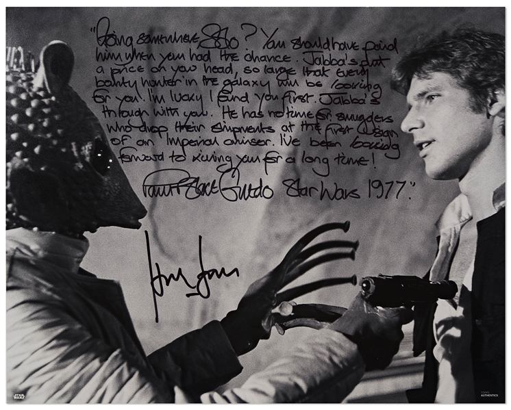 Harrison Ford & Paul Blake Signed 20 x 16 Photo From Star Wars -- One of the Most Memorable Scenes From the Film, With Blake Writing His Famous Monologue