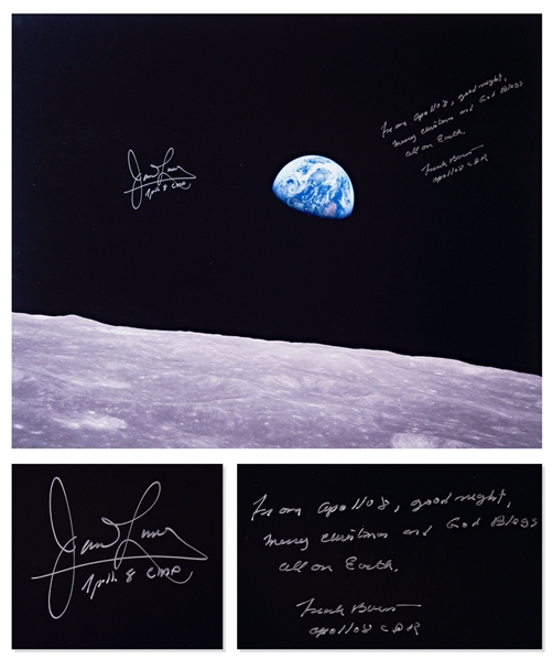 Stunning Earthrise 20 x 16 Photo Signed by Apollo 8 Astronauts Frank Borman and James Lovell -- Borman Writes a Christmas Greeting from the Mission