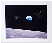 Stunning ''Earthrise'' 20'' x 16'' Photo Signed by Apollo 8 Astronauts Frank Borman and James Lovell -- Borman Writes a Christmas Greeting from the Mission