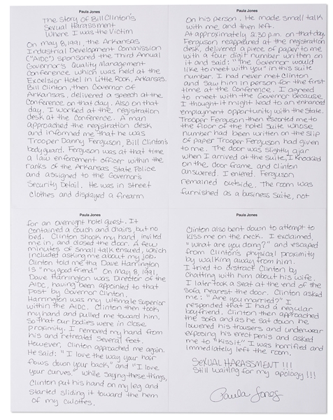 Paula Jones Handwritten, Signed Statement Regarding Bill Clinton Propositioning Her When She Was an Arkansas State Employee -- ...The Governor would like to meet with you...