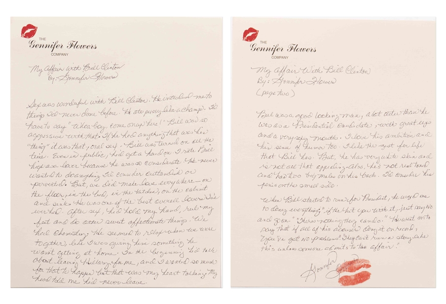 Gennifer Flowers Autograph Essay Signed Regarding Her Affair With Bill Clinton -- ...He was one of the best overall lovers Ive ever had...
