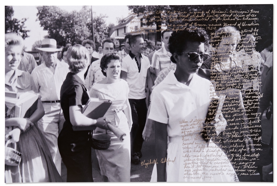 Elizabeth Eckford Handwritten Signed 20 x 13.375 Photo Essay From Her First Day of School as Part of the Little Rock Nine -- ...Someone yelled Get a rope. Drag her over to the tree!...