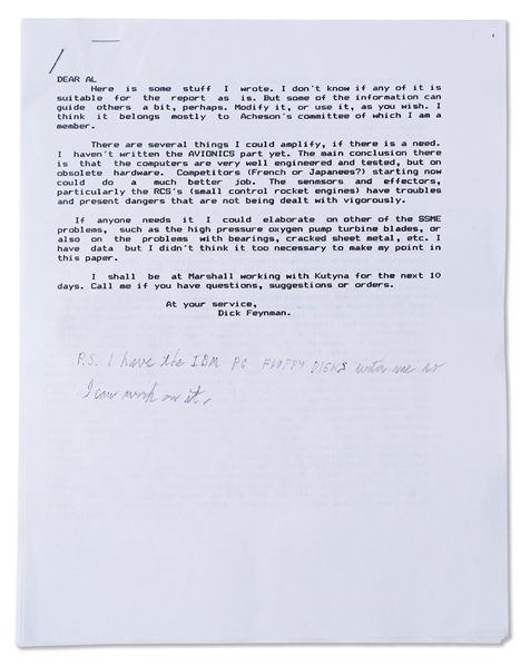 Richard Feynman Personally Owned Draft Copy of His Minority Report on the Space Shuttle Challenger Disaster -- Early, Possibly First Draft with Feynmans Handwritten Notes