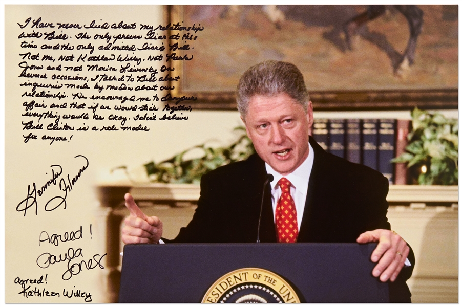 Gennifer Flowers, Paula Jones & Kathleen Wlley Signed 20 x 16 Photo of Bill Clinton During the Infamous Finger Wagging Press Conference