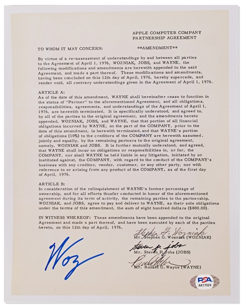 Steve Wozniak Signed Souvenir Partnership Agreement from 1976 for Apple Computer Company -- With PSA/DNA COA