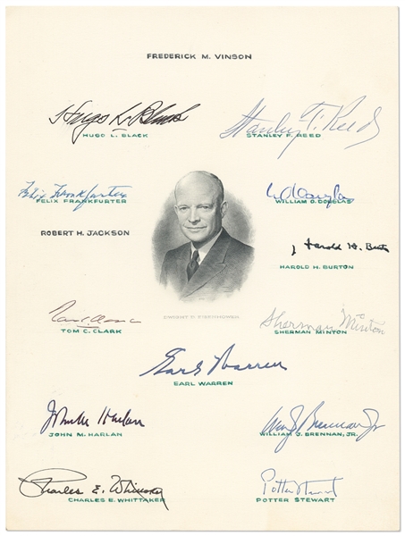 The Warren Supreme Court Signed Engraving -- Signed by 12 Justices During President Eisenhowers Administrations