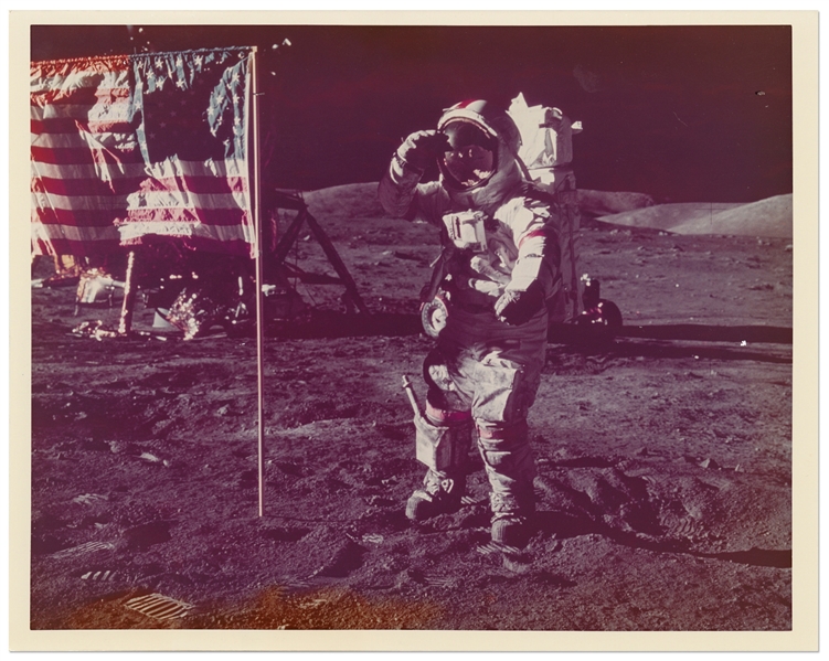 NASA Photo from Apollo 17 Showing Commander Gene Cernan Saluting the U.S. Flag -- On A Kodak Paper