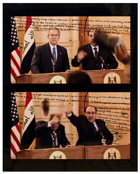 Photo of George W. Bush During the Shoe Throwing Incident -- With a Handwritten Statement by the Iraqi Journalist Who Did It: ...It is a peaceful message of protest against mass murder...