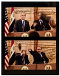 Photo of George W. Bush During the Shoe Throwing Incident -- With a Handwritten Statement by the Iraqi Journalist Who Did It: ...It is a peaceful message of protest against mass murder...