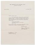Robert Oppenheimer Letter Signed -- Regarding a Book to Honor the Memory of Albert Einstein