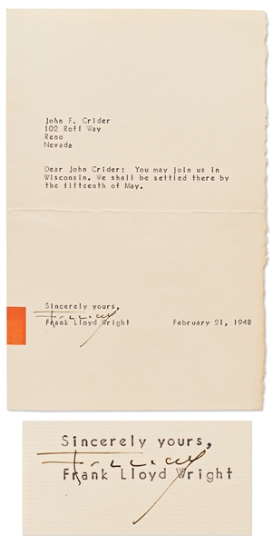 Frank Lloyd Wright Letter Signed on Taliesin West Stationery