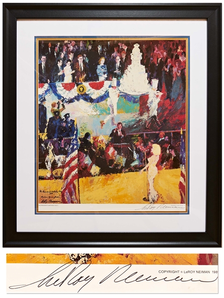 LeRoy Neiman Signed Lithograph of The Presidents Birthday Party -- Depicting Marilyn Monroes Famous Serenade of Happy Birthday to You for JFK