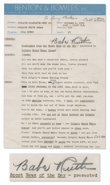 Babe Ruth Signed Ad Copy for the First Episode of The Colgate Sports Newsreel in 1939
