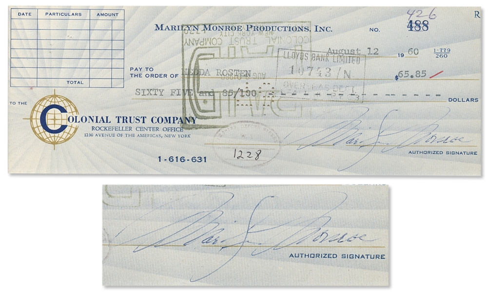 Marilyn Monroe Check Signed to Her Close Friend Hedda Rosten