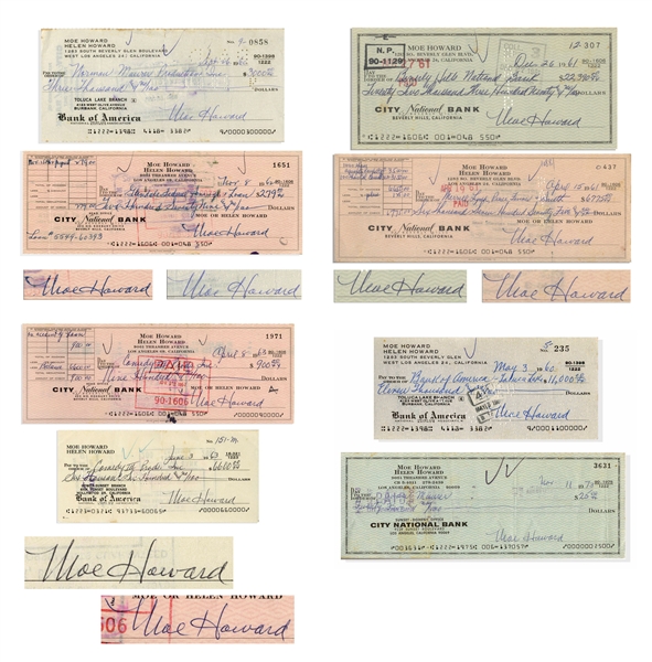 Lot of 8 Checks Signed by Moe Howard of The Three Stooges -- All Checks Handwritten by Moe