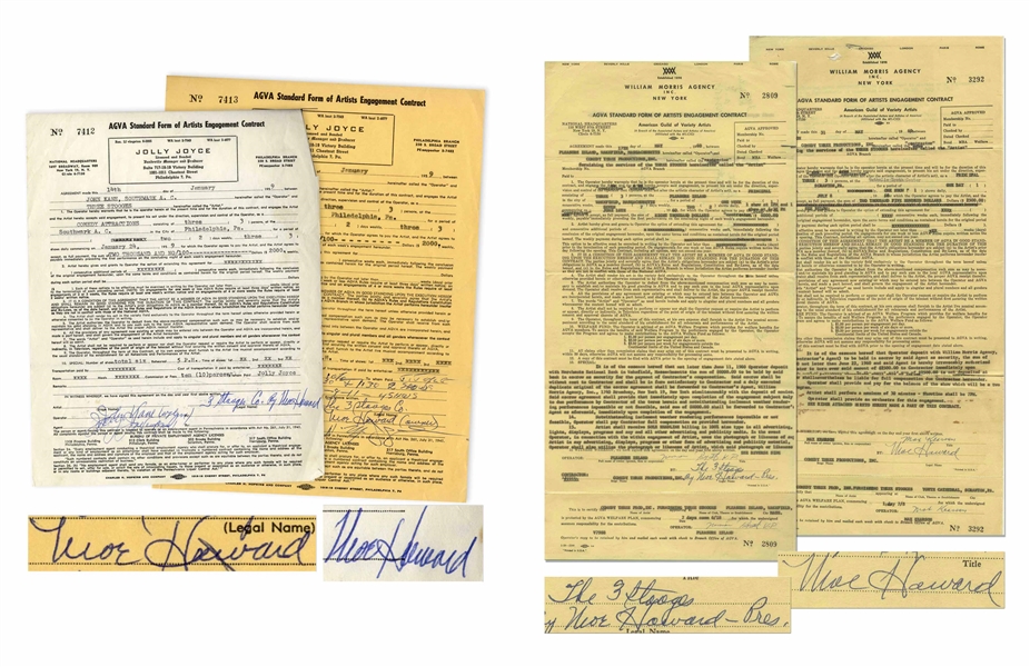 Lot of 42 Contracts Signed by Moe Howard of The Three Stooges -- Moe Also Writes 3 Stooges on 8 Contracts