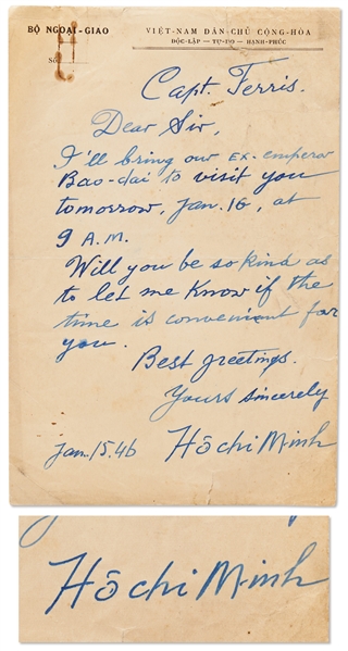 Ho Chi Minh Autograph Letter Signed from 1946 -- ...Ill bring our EX-emperor Bao-dai to visit you...