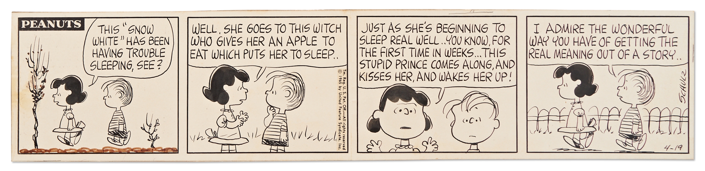Charles Schulz Original Hand-Drawn Peanuts Comic Strip from 1965 -- Lucy Explains the Snow White Fairy Tale to Linus