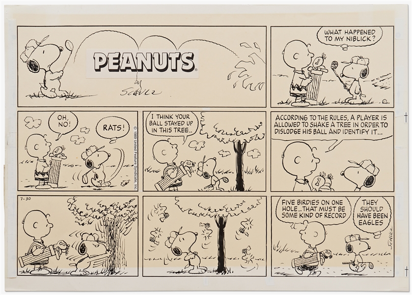 Charles Schulz Original Hand-Drawn Peanuts Sunday Comic Strip -- Snoopy & Charlie Brown Play Golf