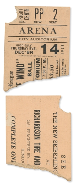 Ticket to the Gone With the Wind World Premiere Atlanta Ball in 1939