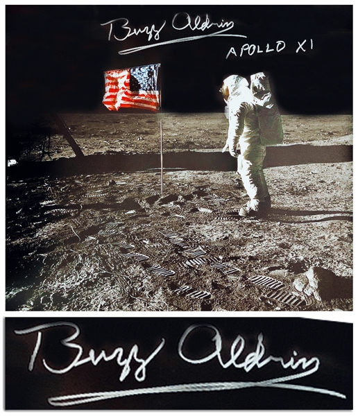 Buzz Aldrin Signed 24 x 20 Canvas of the Iconic Apollo 11 Image Showing Aldrin Standing Next to the U.S. Flag -- Obtained Directly from Buzz Aldrin & With His COA