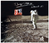 Buzz Aldrin Signed 24'' x 20'' Canvas of the Iconic Apollo 11 Image Showing Aldrin Standing Next to the U.S. Flag -- Obtained Directly from Buzz Aldrin & With His COA