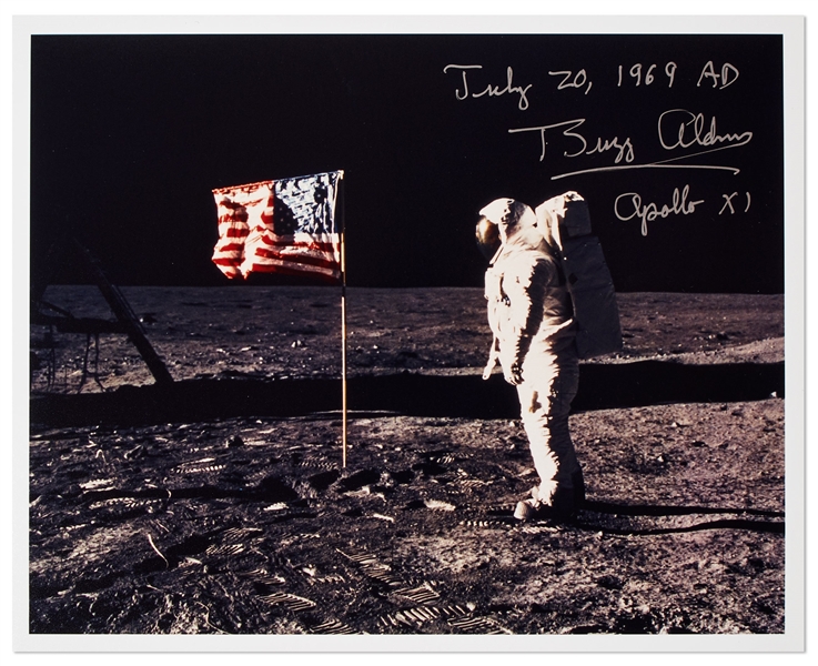 Buzz Aldrin Signed 10 x 8 Photo With Aldrin Also Writing July 20, 1969 AD -- Aldrin Stands in Front of the U.S. Flag on the Moon