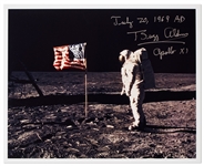 Buzz Aldrin Signed 10 x 8 Photo With Aldrin Also Writing July 20, 1969 AD -- Aldrin Stands in Front of the U.S. Flag on the Moon