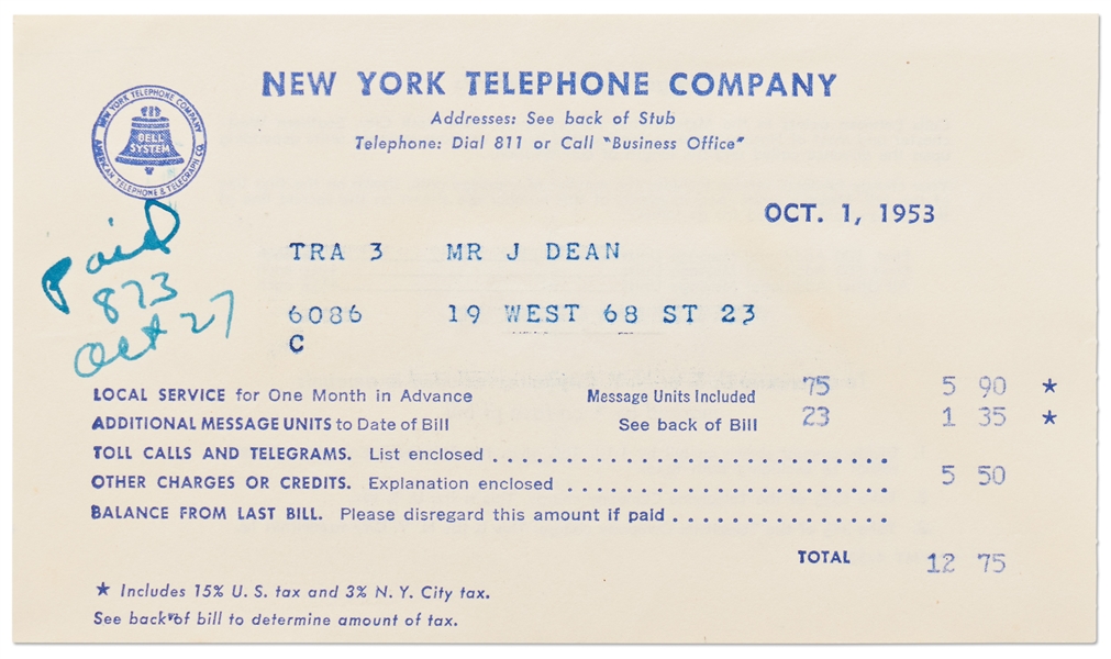 Bill to James Dean from New York Telephone