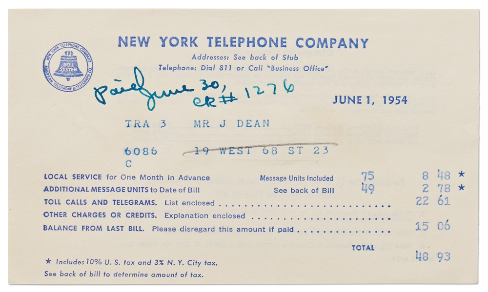 Bill to James Dean from New York Telephone