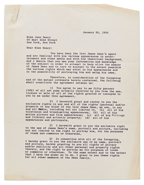 Two Page Publicity Rights Agreement to be Signed by James Dean's Father After the Death of James Dean -- With Accompanying Letter from Jane Deacy's Lawyer