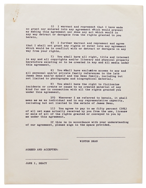 Two Page Publicity Rights Agreement to be Signed by James Dean's Father After the Death of James Dean -- With Accompanying Letter from Jane Deacy's Lawyer