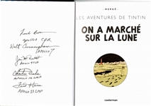 Tintin Book About the Moon Landing Signed by Five Apollo Astronauts: James McDivitt, Frank Borman, Walt Cunningham, Charlie Duke & Fred Haise