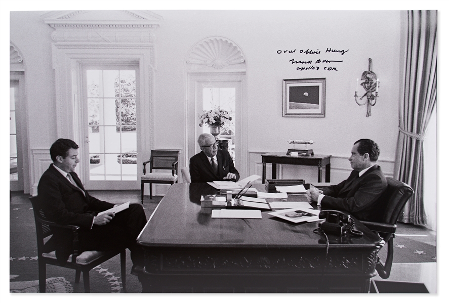 Frank Borman Signed 20 x 16 Photo of Richard Nixon in the Oval Office, With Bormans Famous Earthrise Photo Hanging on the Wall