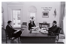 Frank Borman Signed 20 x 16 Photo of Richard Nixon in the Oval Office, With Bormans Famous Earthrise Photo Hanging on the Wall