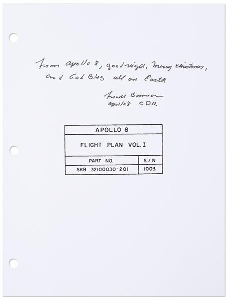 Frank Borman Signed Copy of the Apollo 8 Flight Plan, with His Christmas Message