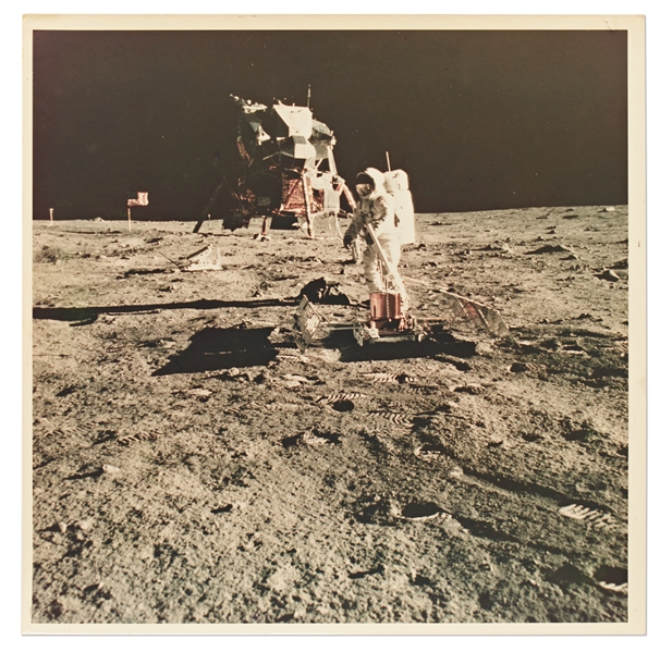 Apollo 11 Photo Measuring 8 x 8 Printed on A Kodak Paper -- Buzz Aldrin Sets Up the PSEP at Tranquility Base