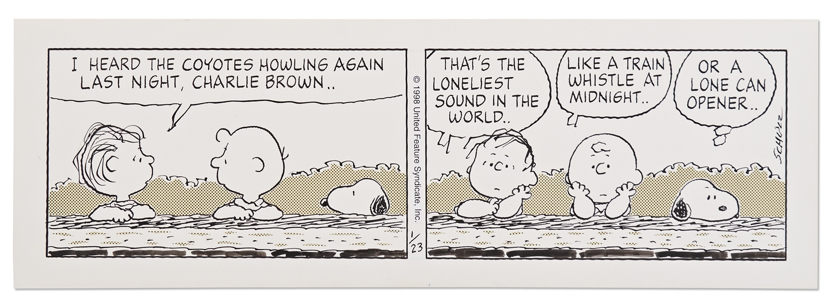 Original Charles Schulz Hand-Drawn ''Peanuts'' Comic Strip with Snoopy, Charlie Brown & Linus