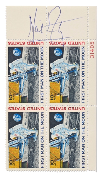 Neil Armstrong Signed Block of C76 First Man on the Moon Stamps -- With Zarelli COA