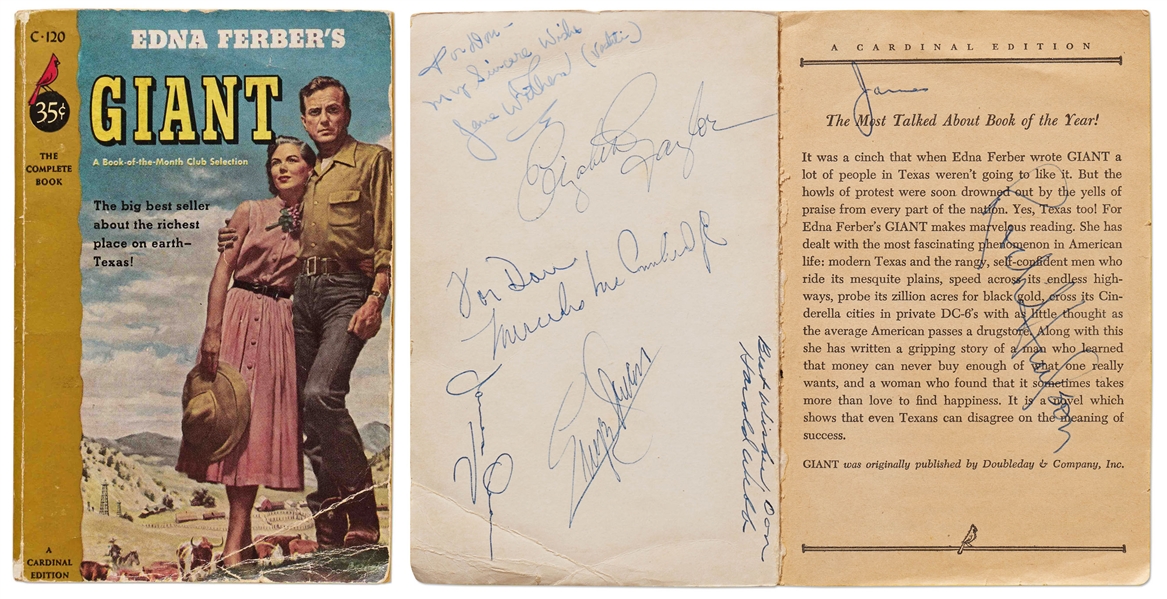 ''Giant'' Cast-Signed Book -- Signed Twice by James Dean & Also by Elizabeth Taylor, Rock Hudson, Director George Stevens & More