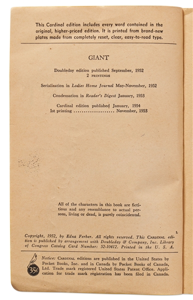 ''Giant'' Cast-Signed Book -- Signed Twice by James Dean & Also by Elizabeth Taylor, Rock Hudson, Director George Stevens & More