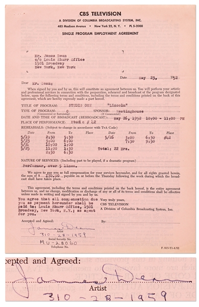 James Dean Signed Contract with CBS Television from 1952 -- Dean Also Handwrites His Social Security & Telephone Numbers