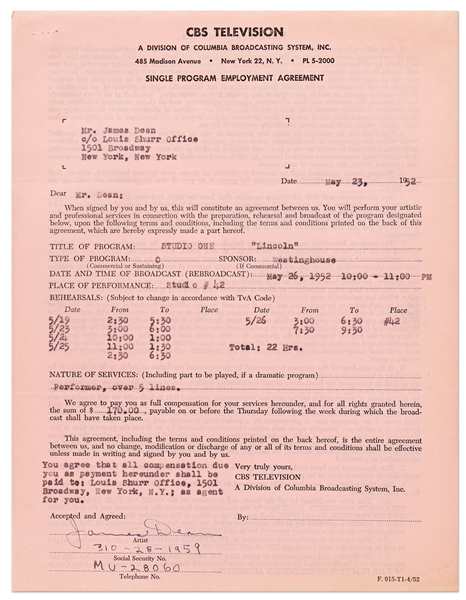 James Dean Signed Contract with CBS Television from 1952 -- Dean Also Handwrites His Social Security & Telephone Numbers