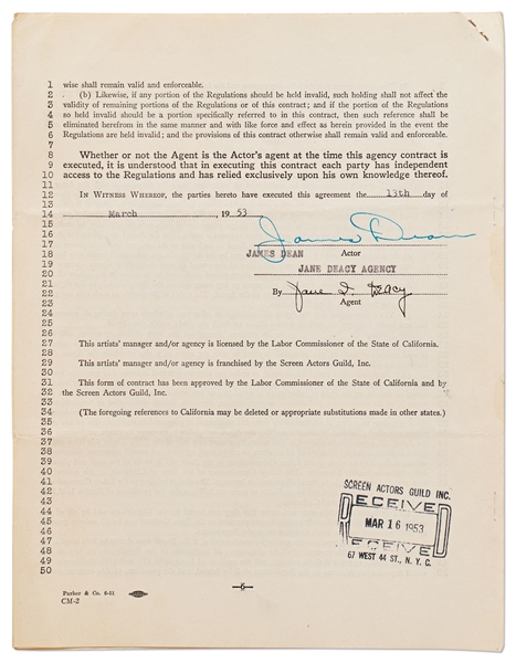 James Dean Signed Agency Contract from March 1953 with Jane Deacy -- Dean Also Initials First Page of Contract