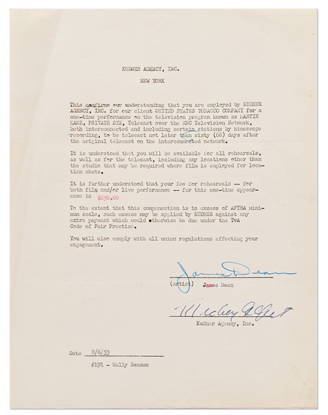 James Dean Signed Contract for ''Martin Kane, Private Eye'', the TV Show Where He Was Fired for Not Taking Direction