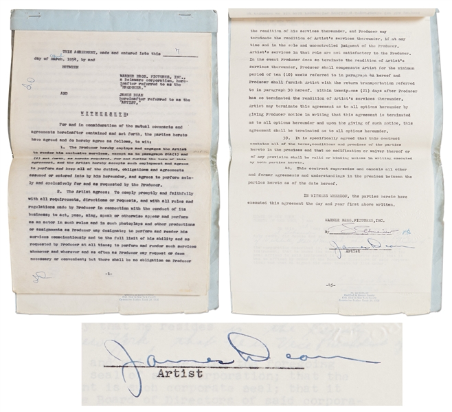 James Dean Contract Signed & Also Initialed 48 Times with Warner Bros. for ''East of Eden'', ''Rebel Without a Cause'' and ''Giant'' -- The Contract that Made James Dean a Hollywood Legend